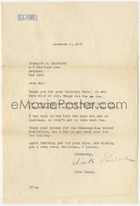 2h0030 DICK POWELL signed letter 1947 on his stationery to personal army friend during WWII!