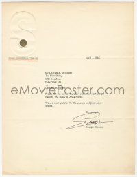 2h0036 GEORGE STEVENS signed letter 1960 thanking Film Daily for praising Diary of Anne Frank!