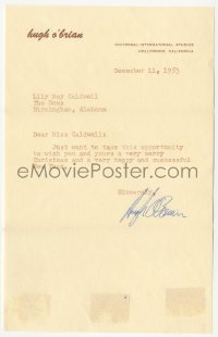 2h0039 HUGH O'BRIAN signed letter 1953 wishing newspaper reviewer Merry Christmas & Happy New Year!