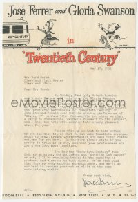 2h0046 JOSE FERRER signed letter 1951 inviting Ward Marsh to premiere of Twentieth Century on stage!
