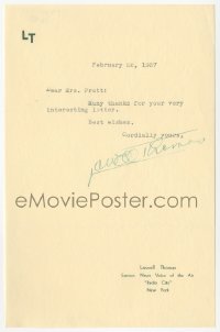 2h0051 LOWELL THOMAS signed letter 1937 thanking a female fan for a very interesting letter!