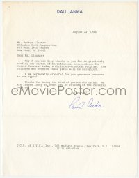 2h0059 PAUL ANKA signed letter 1981 thanking donor to Cerebral Palsy Christmas-Chanukah Program!