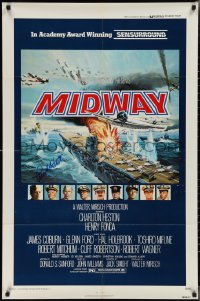 2h0275 MIDWAY signed NSS style 1sh 1976 by Charlton Heston, dramatic naval battle art, Henry Fonda!