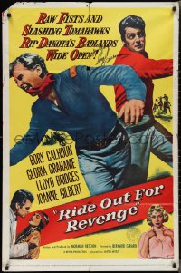 2h0280 RIDE OUT FOR REVENGE signed 1sh 1957 by Rory Calhoun, great art of him punching Lloyd Bridges