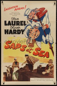 2h0284 SAPS AT SEA signed 1sh R1946 by Hal Roach, art & photos of Stan Laurel & Oliver Hardy, rare!