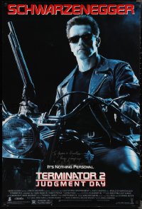2h0171 TERMINATOR 2 signed DS 27x40 1sh 1991 by Arnold Schwarzenegger, on motorcycle with shotgun!