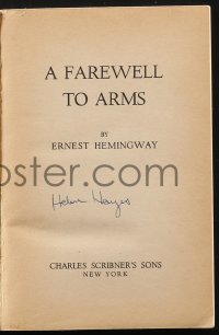 2h0617 HELEN HAYES signed softcover book 1969 on Ernest Hemingway's A Farewll to Arms!