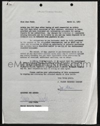 2h0080 JANE FONDA signed contract 1960 for Lux Toilet Soap commercial, before her first movie!