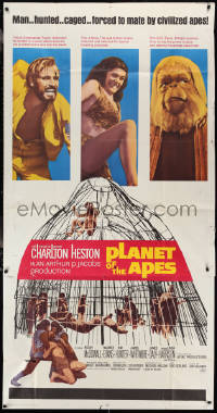 2j0825 PLANET OF THE APES 3sh 1968 Charlton Heston classic, top stars & caged humans, very rare!