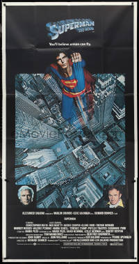 2j0834 SUPERMAN 3sh 1978 photographic image of Christopher Reeve flying over city, Hackman, Brando!