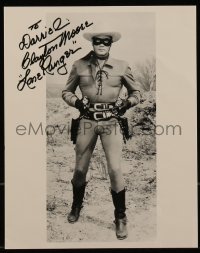 2j0021 CLAYTON MOORE signed 8x10 REPRO photo 1980s as The Lone Ranger pointing two guns!