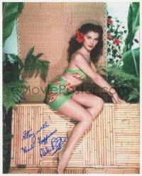 2j0121 DEBRA PAGET signed color 8x10 REPRO photo 1980s sexy tropical portrait in sarong on bamboo!