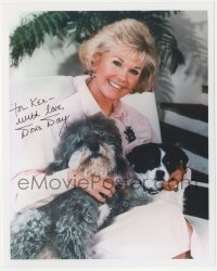 2j0123 DORIS DAY signed color 8x10 REPRO photo 1980s great smiling portrait with her two cute dogs!
