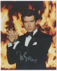 2j0146 PIERCE BROSNAN signed color 8x10 REPRO photo 2000s James Bond portrait with gun by flames!