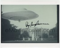 2j0147 RAY HARRYHAUSEN signed color 8x10 REPRO photo 1980s FX scene from Earth vs. the Flying Saucers!