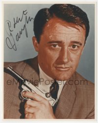 2j0153 ROBERT VAUGHN signed color 8x10 REPRO still 1990s w/gun to his chest from Man from U.N.C.L.E
