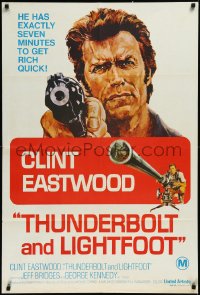 2j0907 THUNDERBOLT & LIGHTFOOT Aust 1sh 1974 art of Clint Eastwood with huge gun by Ken Barr!