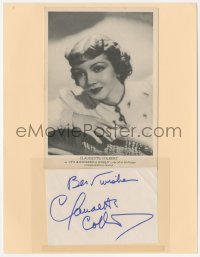 2j0025 CLAUDETTE COLBERT signed 4x5 album page 1930s matted with a 5x7 fan photo, ready to frame!