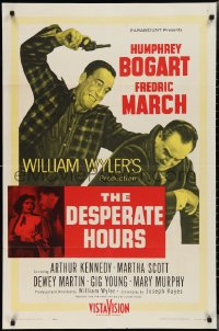 2j1024 DESPERATE HOURS 1sh 1955 Humphrey Bogart attacks Fredric March from behind, William Wyler