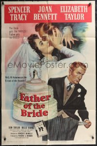 2j1057 FATHER OF THE BRIDE 1sh 1950 art of Liz Taylor in wedding gown & broke Spencer Tracy!
