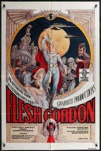2j1061 FLESH GORDON 1sh 1974 sexy sci-fi spoof, wacky erotic super hero art by George Barr!