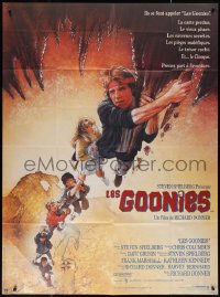 2j0441 GOONIES French 1p 1985 cool Drew Struzan art of top cast hanging from stalactite!