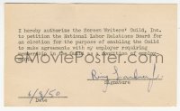 2j0085 RING LARDNER JR. signed 3x5 index card 1950 authorizing Screen Writers' Guild on his behalf!