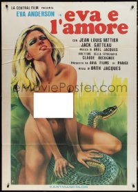 2j0519 EVA ET L'AMOUR Italian 1p 1981 sexy art of censored naked blonde Eve straddling huge snake!