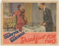 2j1390 BREAKFAST FOR TWO LC 1937 Barbara Stanwyck about to hit Herbert Marshall with a cake!