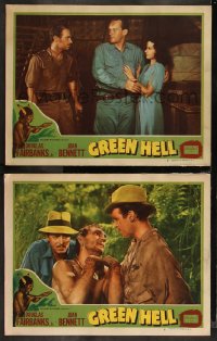 2j1670 GREEN HELL 2 LCs R1947 great images of Joan Bennett & Fairbanks, trapped in a tropic inferno!