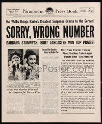 2j0771 SORRY WRONG NUMBER pressbook 1948 Burt Lancaster & Barbara Stanwyck film noir, very rare!