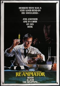 2j1202 RE-ANIMATOR 1sh 1985 great image of mad scientist Jeffrey Combs w/severed head in bowl!