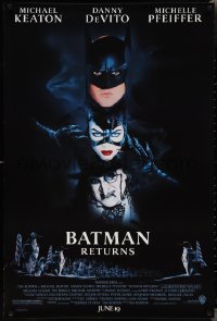 2k0855 BATMAN RETURNS advance DS 1sh 1992 Burton, Keaton, cool white date design!