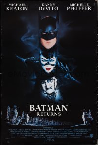 2k0858 BATMAN RETURNS int'l advance DS 1sh 1992 Burton, Keaton, DeVito, Pfeiffer, dark date design!