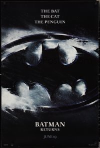 2k0856 BATMAN RETURNS teaser 1sh 1992 Burton, Keaton, The Bat, The Cat, The Penguin, logo design!