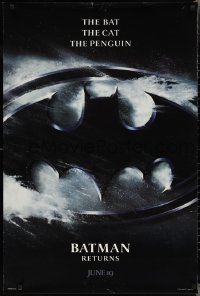 2k0860 BATMAN RETURNS teaser DS 1sh 1992 Burton, Keaton, The Bat, The Cat, The Penguin, logo design!