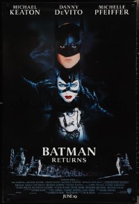 2k0854 BATMAN RETURNS int'l advance 1sh 1992 Burton, Keaton, DeVito, Pfeiffer, cool white date design!