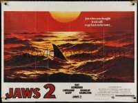 2k0228 JAWS 2 British quad 1978 art of man-eating shark's fin in red water at sunset, super rare!