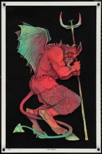 2k0127 DEMON 23x35 commercial poster 1974 wild art of a devil figure with pitchfork on felt!
