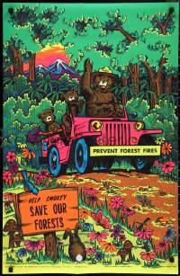 2k0149 SMOKEY BEAR 22x34 commercial poster 1971 Koblin art of two cubs in jeep with Smokey Bear!