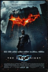 2k0926 DARK KNIGHT advance DS 1sh 2008 Christian Bale as Batman in front of burning bat symbol!