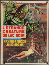 2k0385 CREATURE FROM THE BLACK LAGOON French 24x31 R1962 Belinsky art of monster looming over Adams!