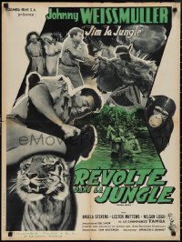 2k0420 SAVAGE MUTINY French 24x32 1956 art of Johnny Weissmuller as Jungle Jim fighting, cool tiger!