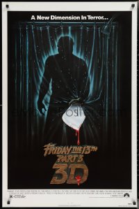 2k0993 FRIDAY THE 13th PART 3 - 3D 1sh 1982 slasher sequel, art of Jason stabbing through shower!