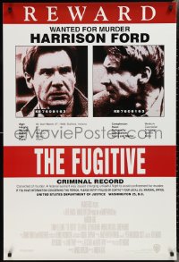 2k1005 FUGITIVE recalled int'l 1sh 1993 Harrison Ford is on the run, cool wanted poster design!