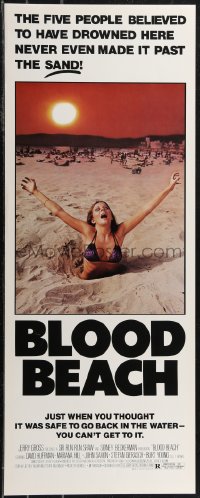 2k0723 BLOOD BEACH insert 1981 Jaws parody tagline, image of sexy girl in bikini sinking in sand!