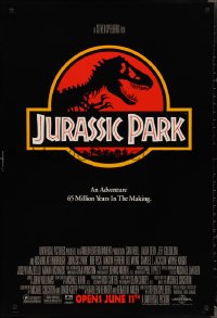 2k1115 JURASSIC PARK advance DS 1sh 1993 Steven Spielberg, classic logo with T-Rex over red background