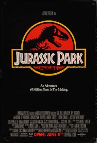 2k1116 JURASSIC PARK advance 1sh 1993 Steven Spielberg, classic logo with T-Rex over red background