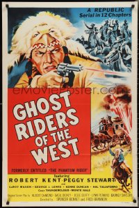 2k1231 PHANTOM RIDER 1sh R1954 Republic serial, Native American w/gun, Ghost Riders of the West!