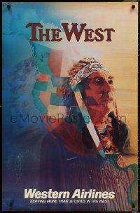2k0095 WESTERN AIRLINES 24x37 travel poster 1970s great Leick close-up art of Native American!